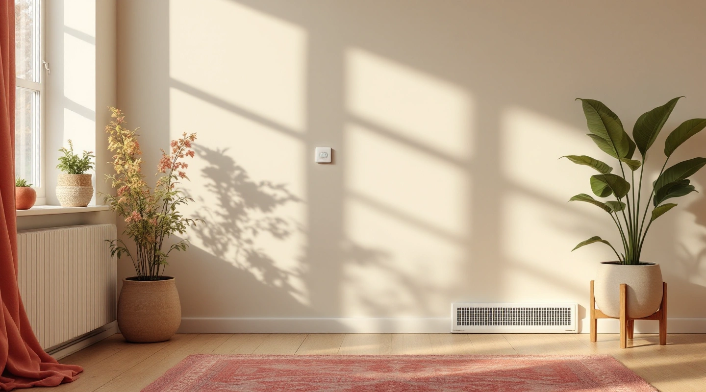 Sunlit cream living room with plants, coral textiles and a low wall air register