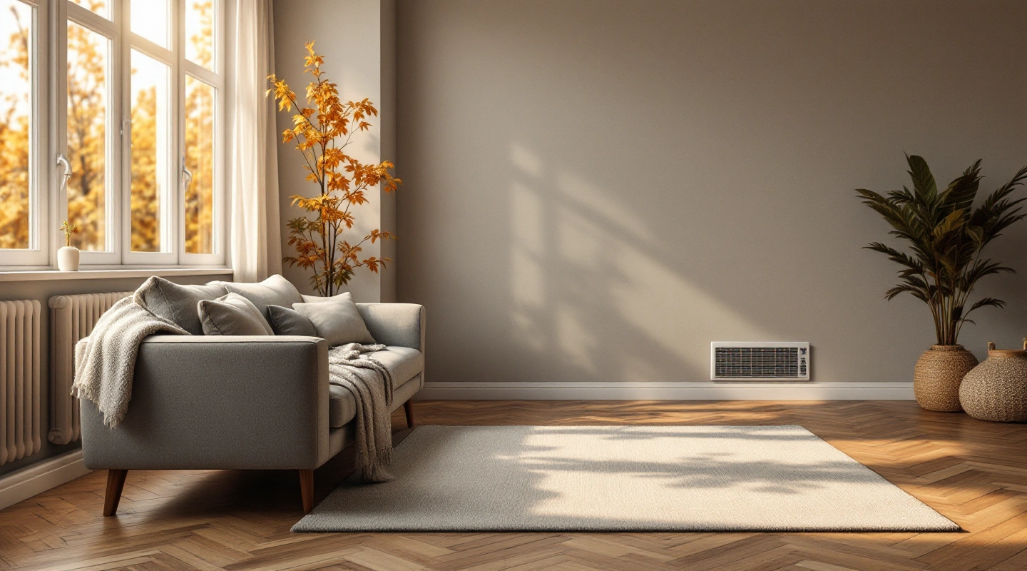 Sunlit cream living room with a sofa, radiator and low wall air register